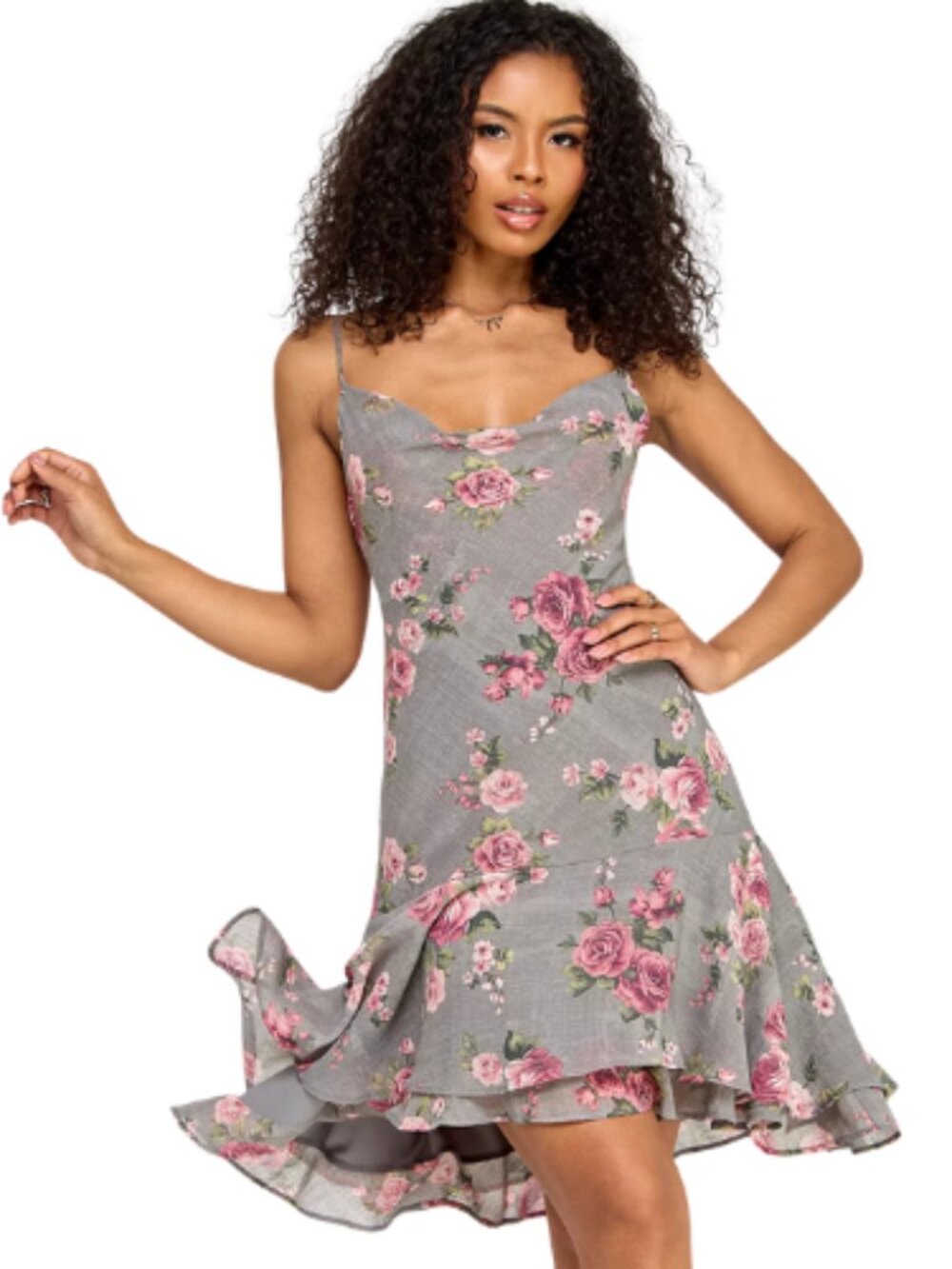 Katia Rae Grey Pink Floral A-Line Mini Dress Prom Event Party Juniors XS